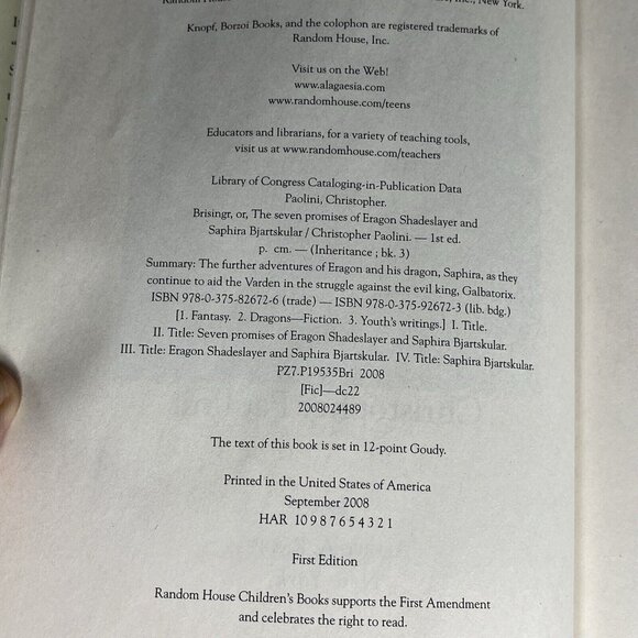 Brisingr Inheritance Cycle Book 3 - Eragon- by C. Paolini 2008 1st Edition HC - Picture 10 of 10